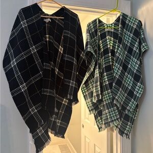 LOFT Black and Green Plaid Poncho